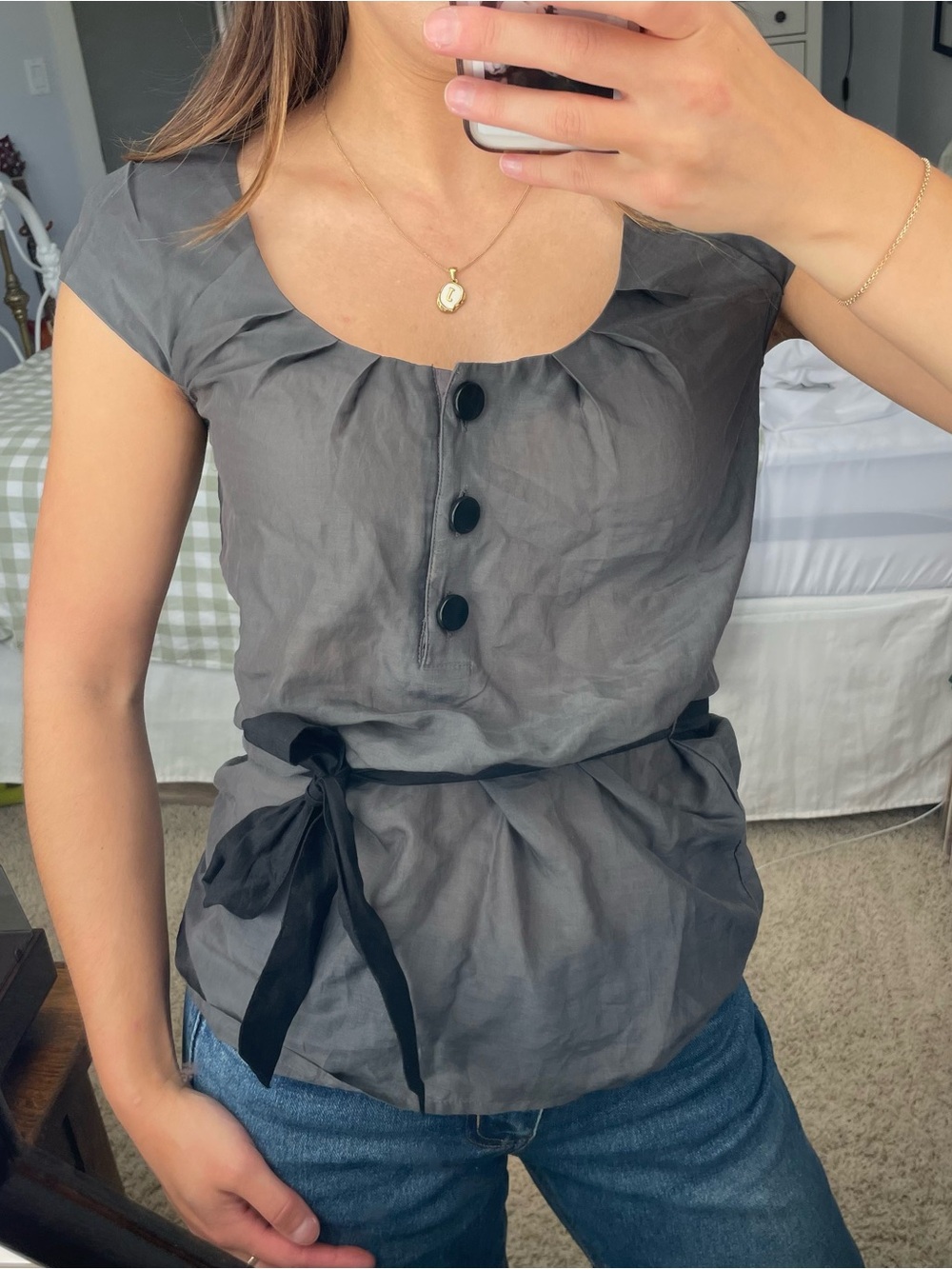 Vintage Y2K Grey Cap Sleeve Tie Belt Blouse